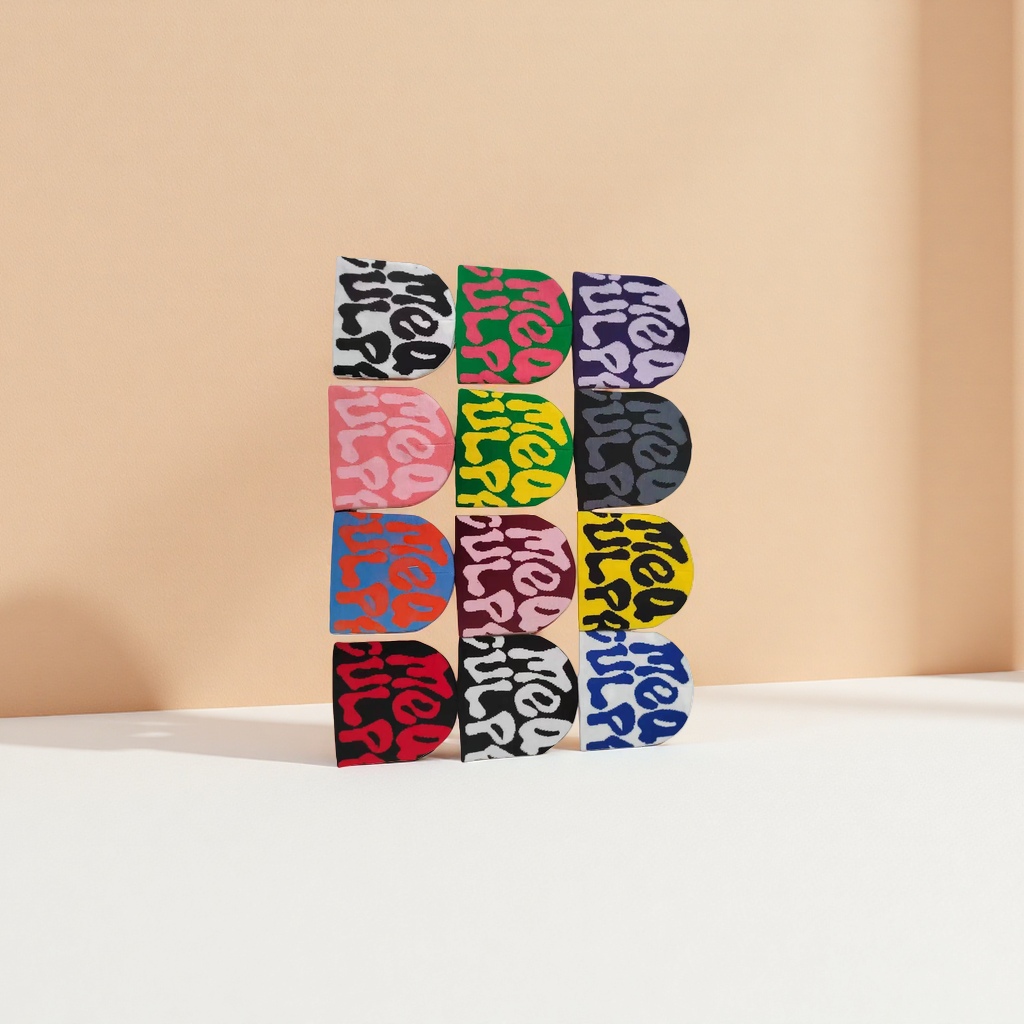 MEUP color knitted cap 12 top set with four-line and three-column multi-color text combination
