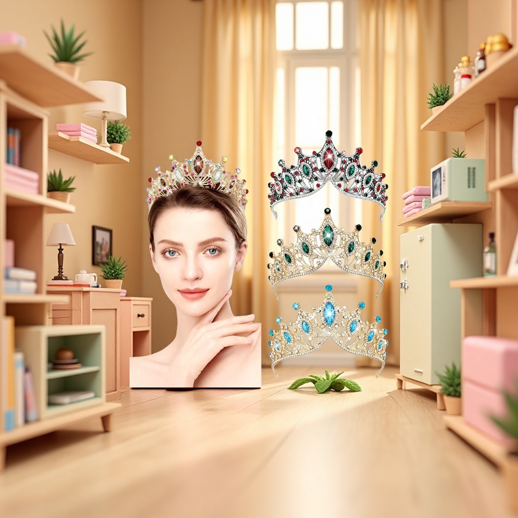 A female model with a crown wears a fashionable photo accessory and a ceremonial performance headpiece