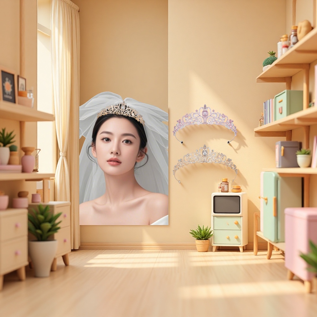 A female model with a crown wears a fashionable photo accessory and a ceremonial performance headpiece Application Scenario