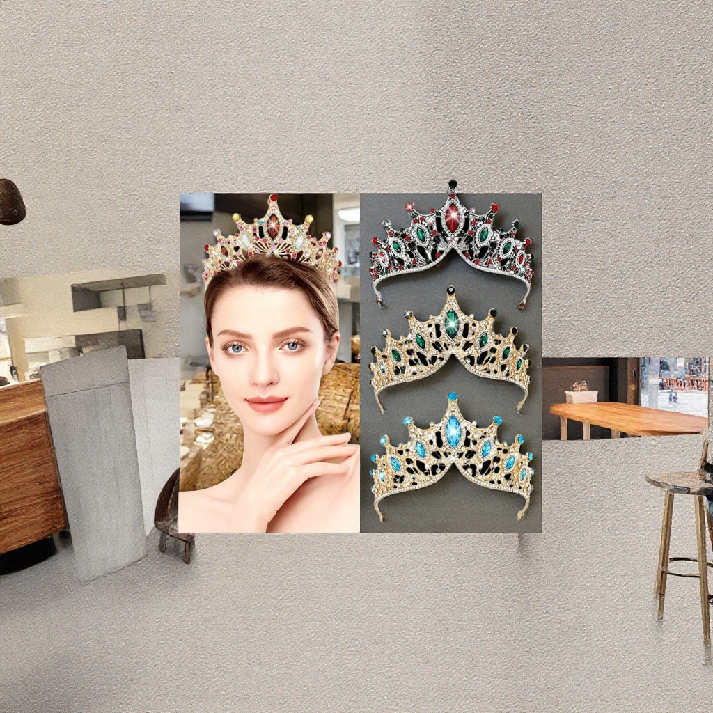 A female model with a crown wears a fashionable photo accessory and a ceremonial performance headpiece details Picture