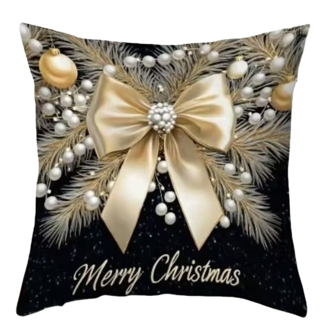 Christmas-themed throw pillow with black starry sky background, golden bow, pine branch and pearl decorative balls. Merry Christmas Item Picture