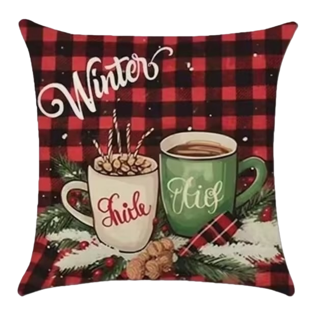 Winter-themed red and black checkered hot drink pillow Chick Kid with pine branch, berry and nut decorations Item Picture