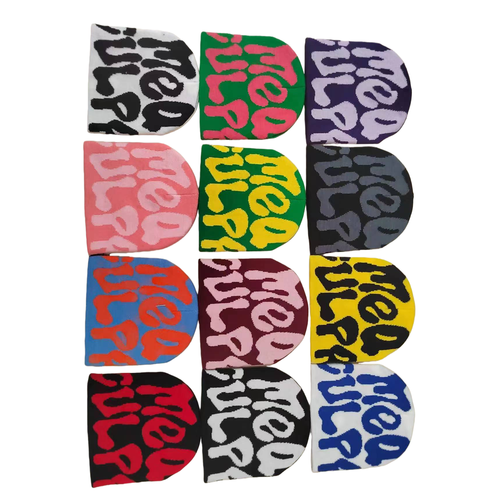 MEUP color knitted cap 12 top set with four-line and three-column multi-color text combination Item Picture