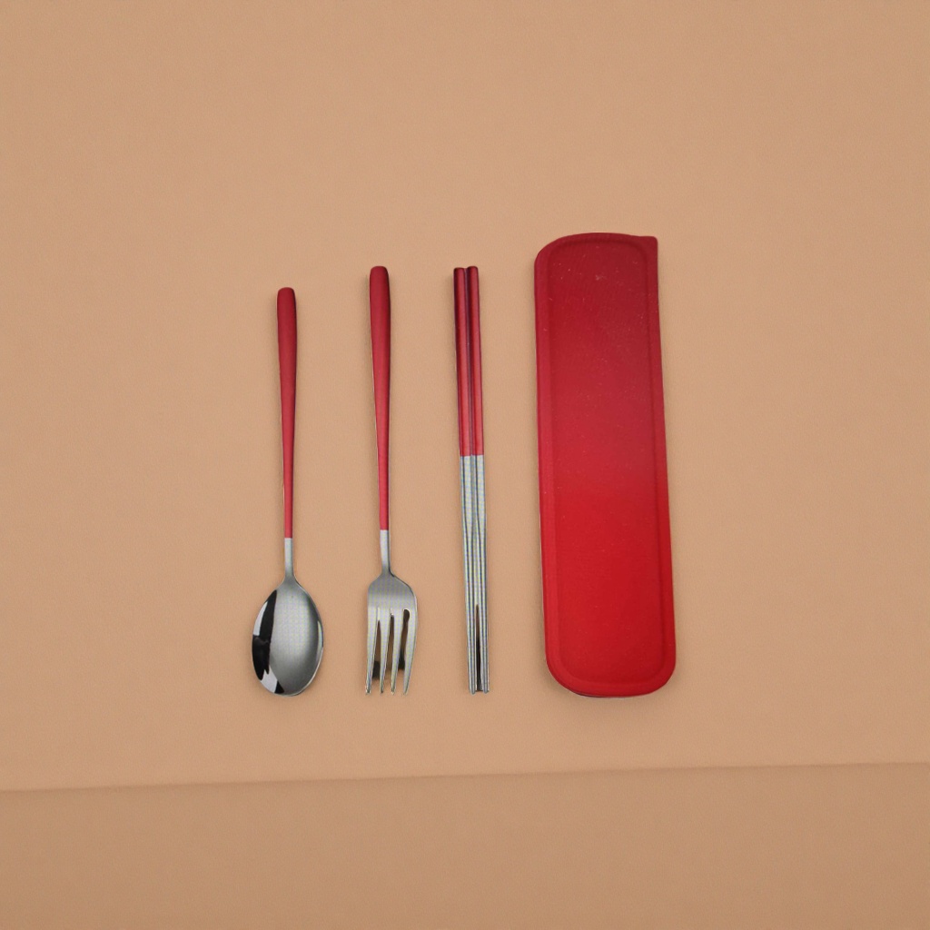 Red handle tableware set, spoon, fork and chopsticks storage box, portable and simple design for home use details Picture