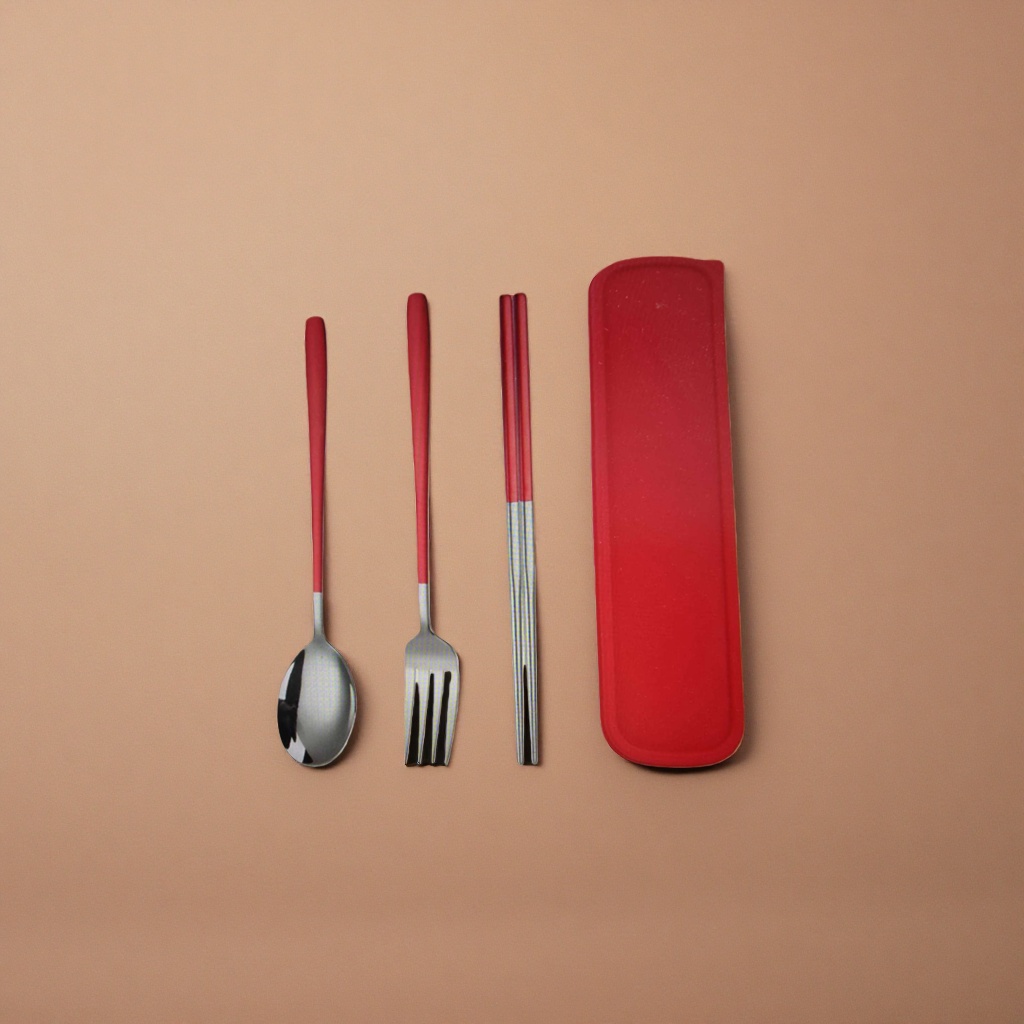 Red handle tableware set, spoon, fork and chopsticks storage box, portable and simple design for home use Specification image