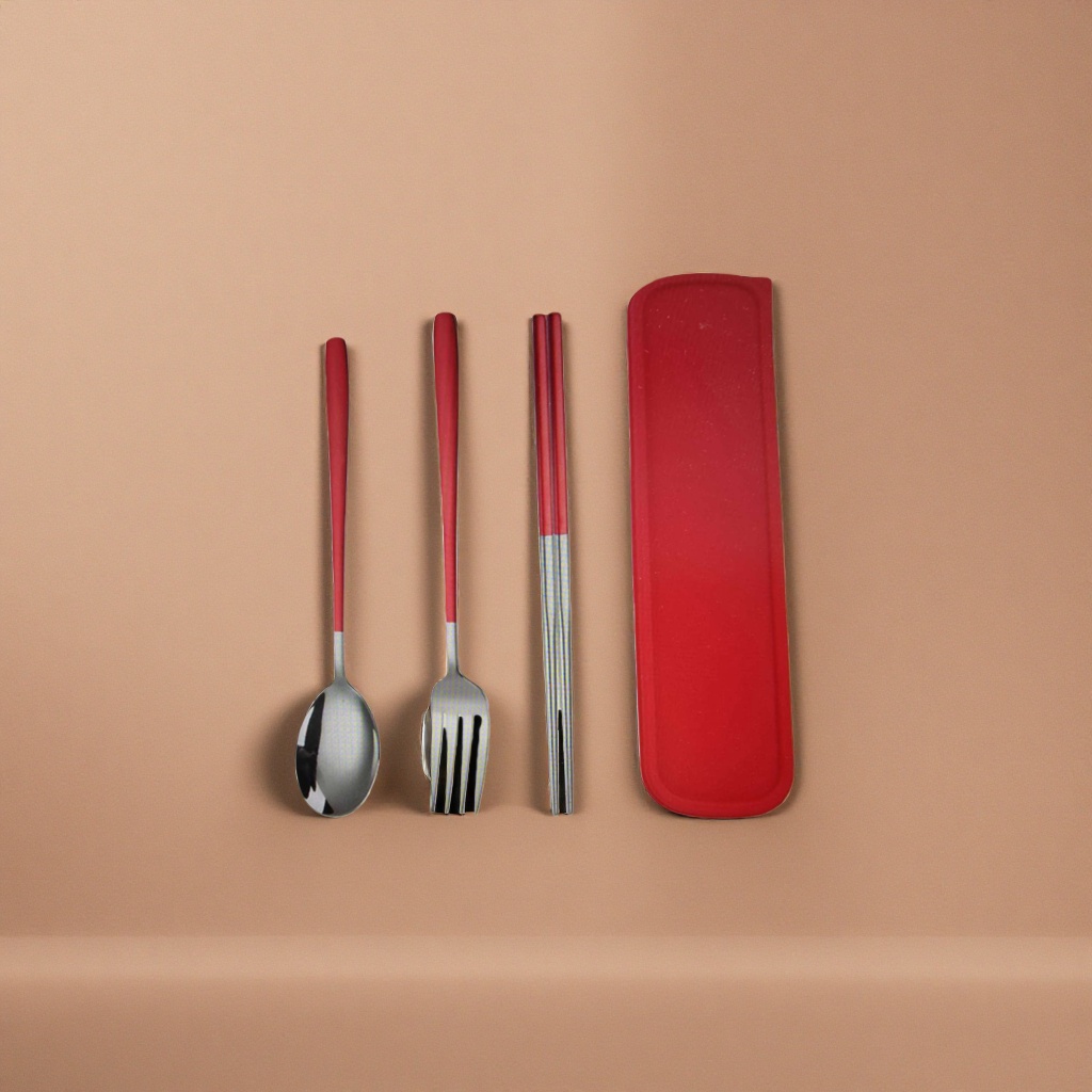 Red handle tableware set, spoon, fork and chopsticks storage box, portable and simple design for home use