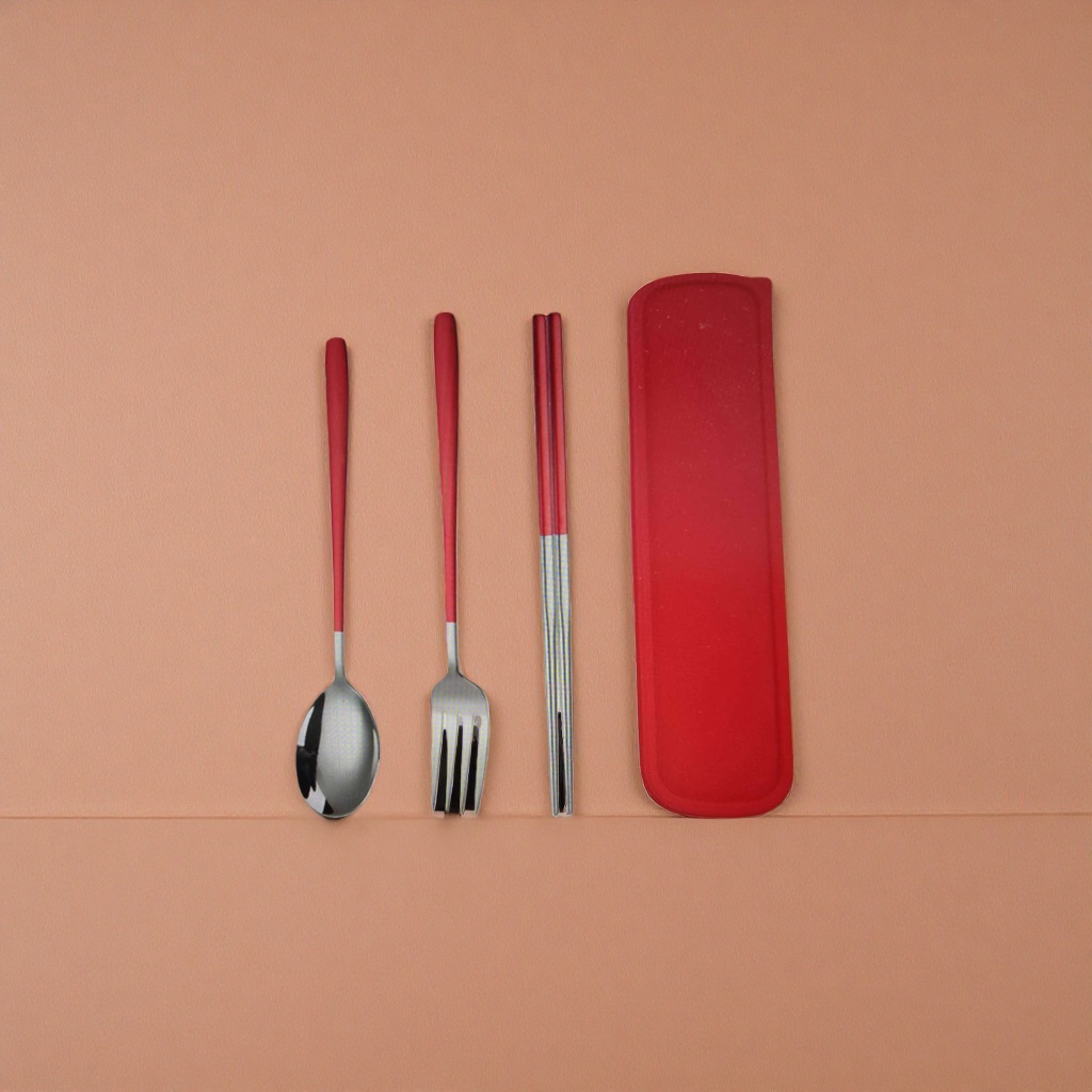 Red handle tableware set, spoon, fork and chopsticks storage box, portable and simple design for home use Application Scenario