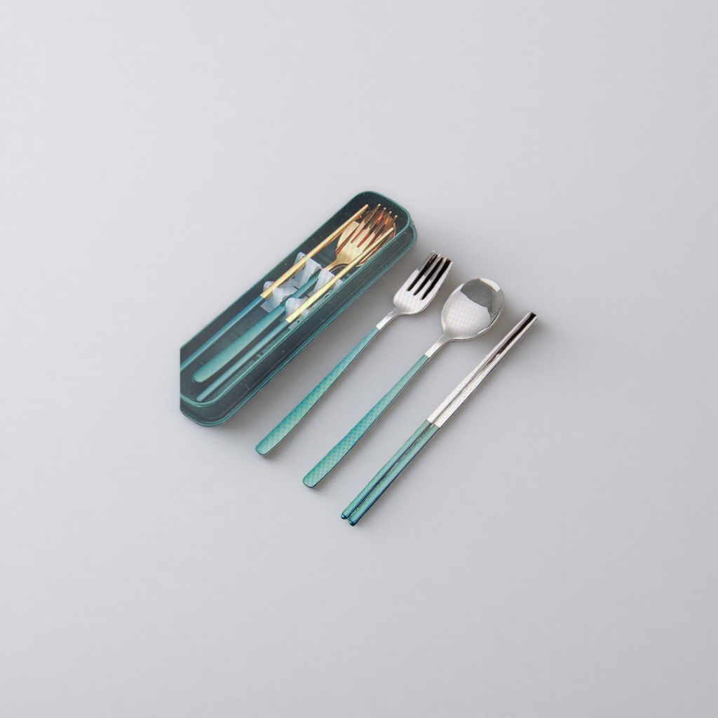 Portable tableware set, three-piece set of forks, spoons and chopsticks, stainless steel lightweight travel storage Specification image