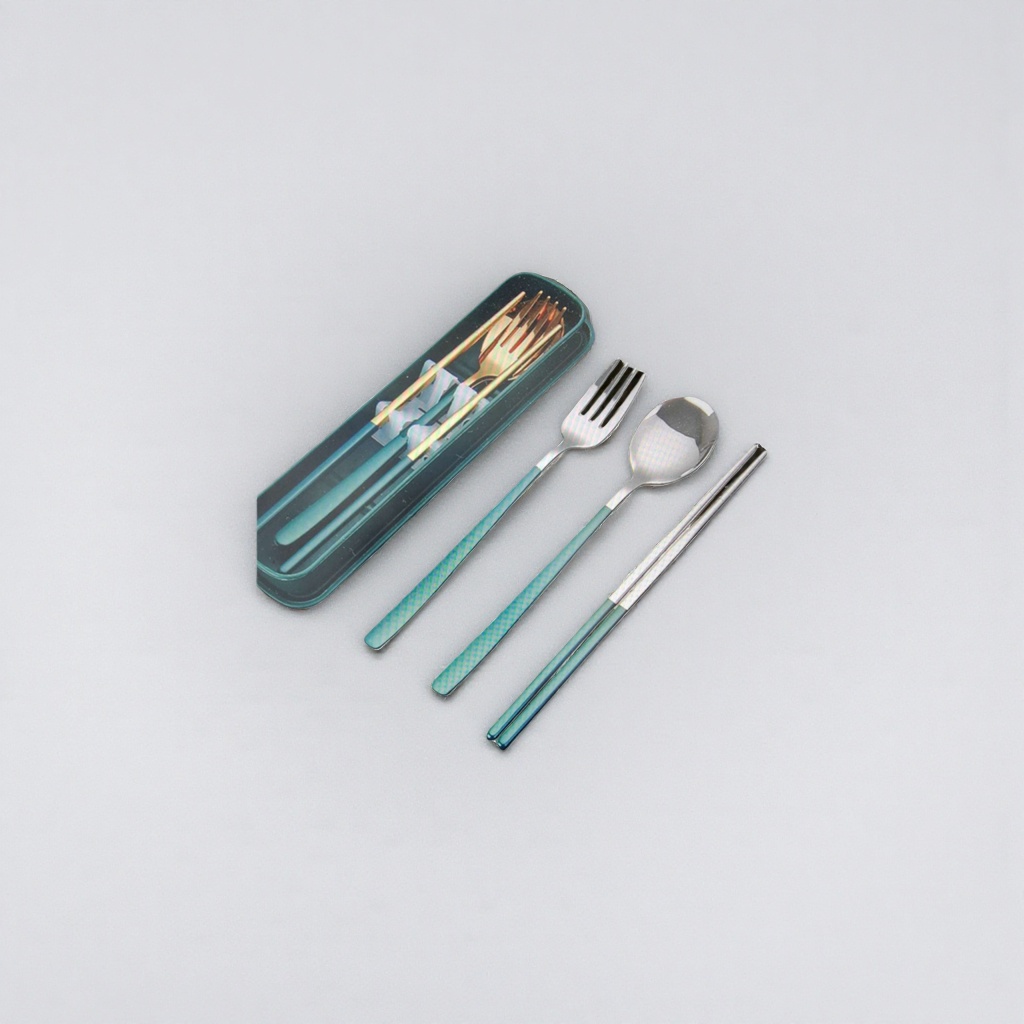 Portable tableware set, three-piece set of forks, spoons and chopsticks, stainless steel lightweight travel storage details Picture