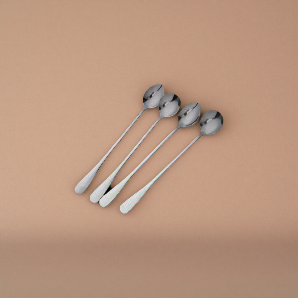 A stainless steel household coffee and tea spoon with four silver long-handled spoons details Picture