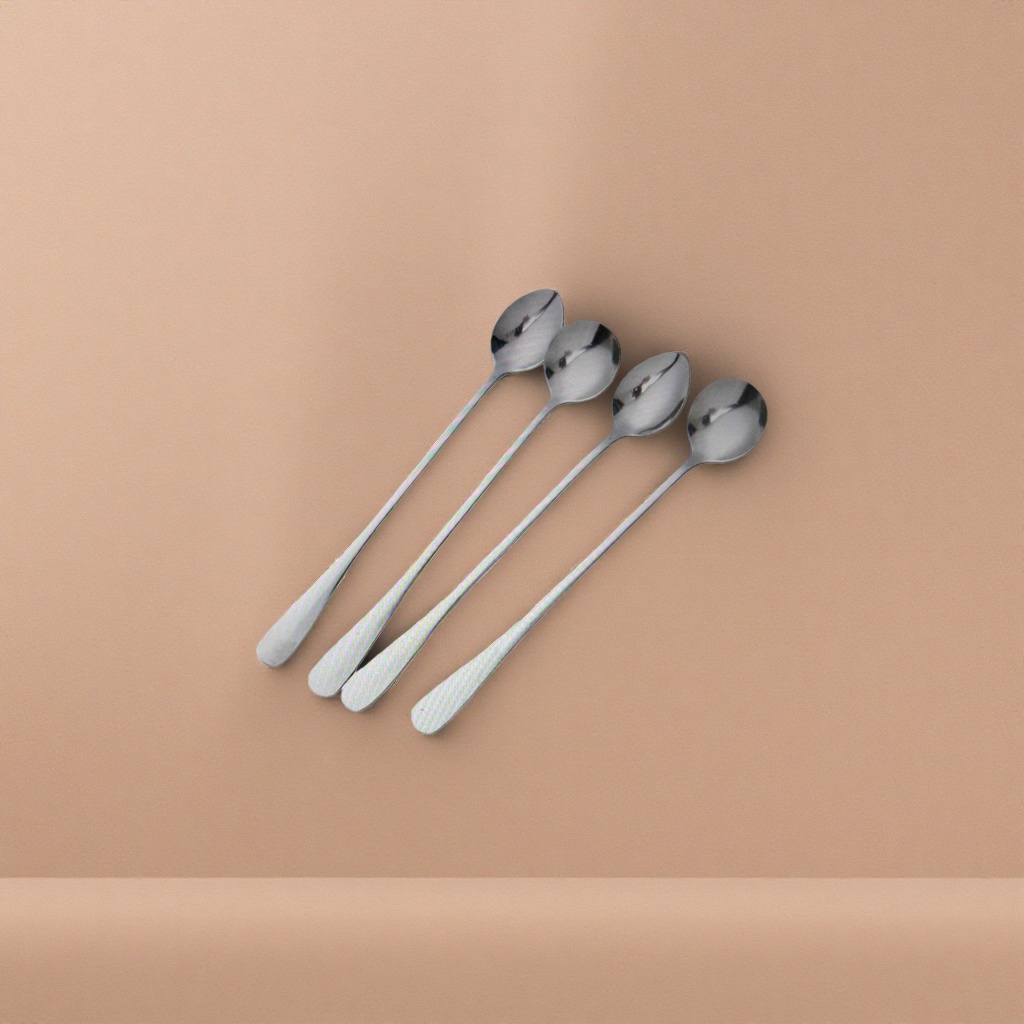 A stainless steel household coffee and tea spoon with four silver long-handled spoons