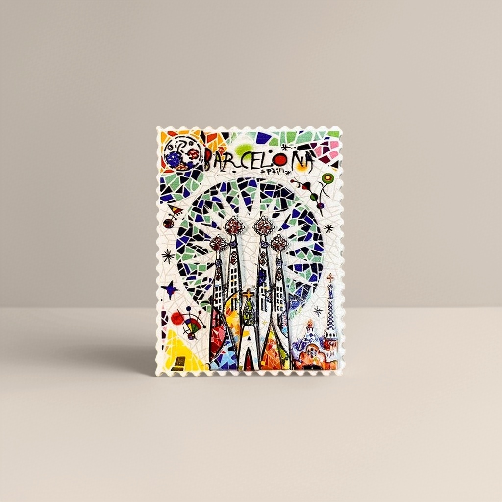 Colorful mosaic-style refrigerator stickers of Barcelona's landmark buildings details Picture