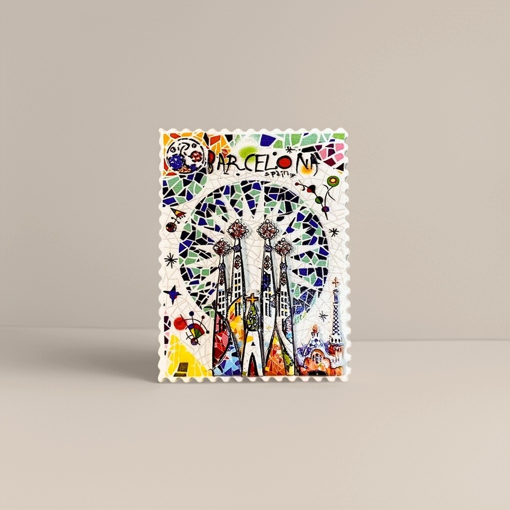 Colorful mosaic-style refrigerator stickers of Barcelona's landmark buildings