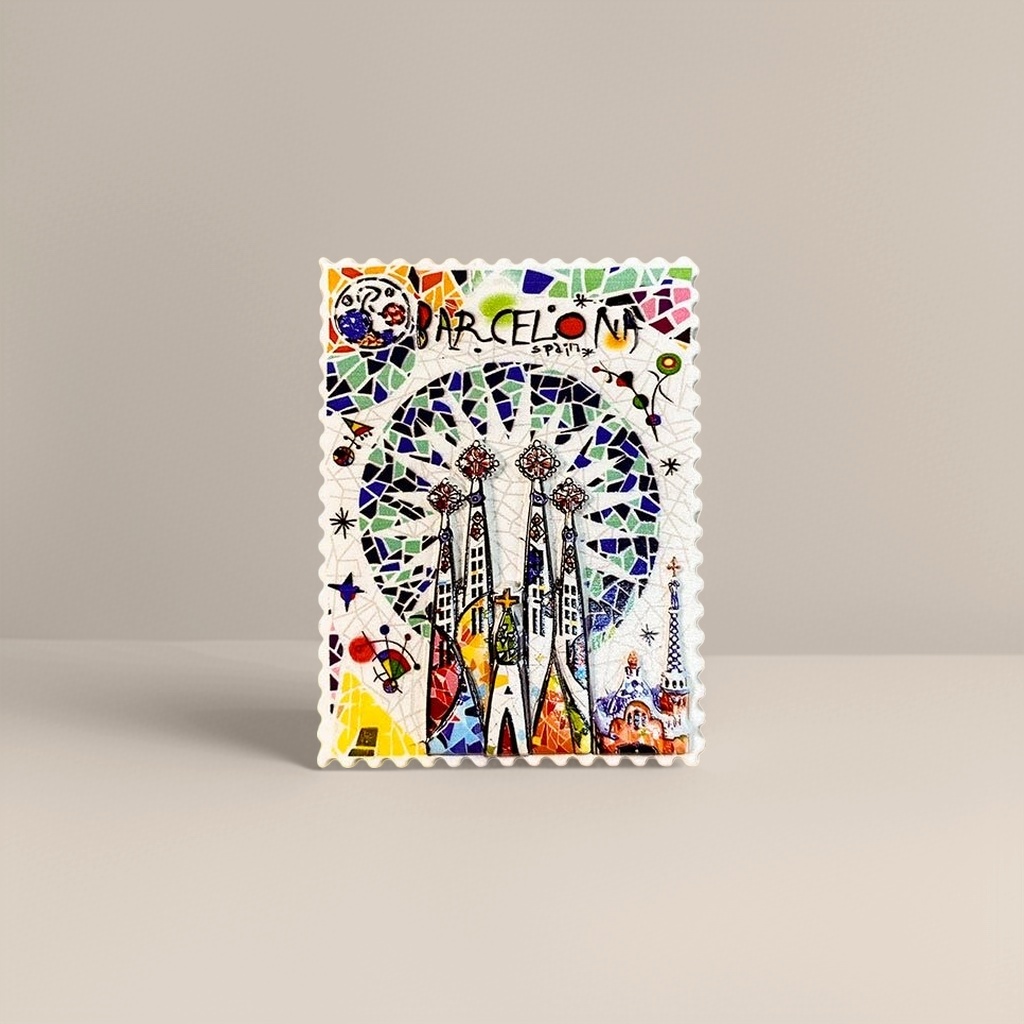 Colorful mosaic-style refrigerator stickers of Barcelona's landmark buildings Specification image