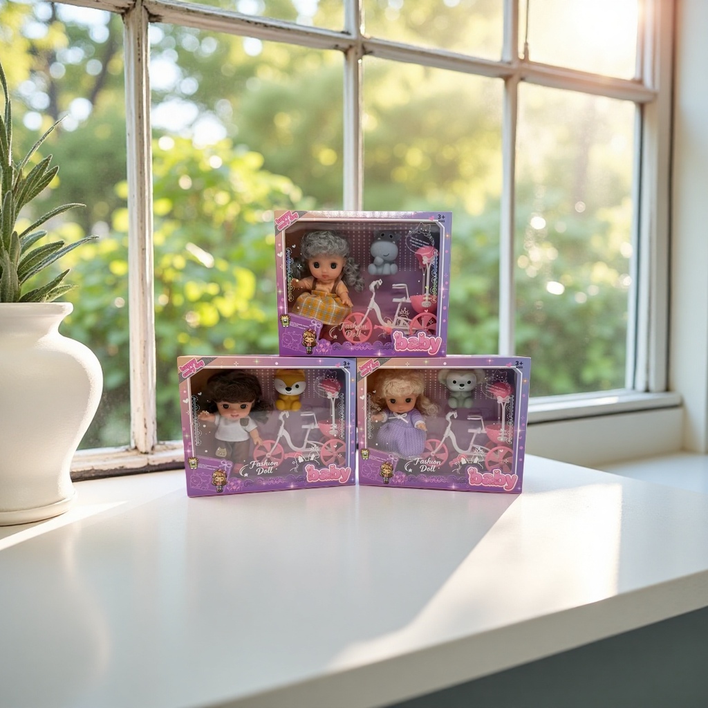 6-inch vinyl cute kid set, fashionable doll toy packaging box, three-piece set, including bicycle plush toys details Picture