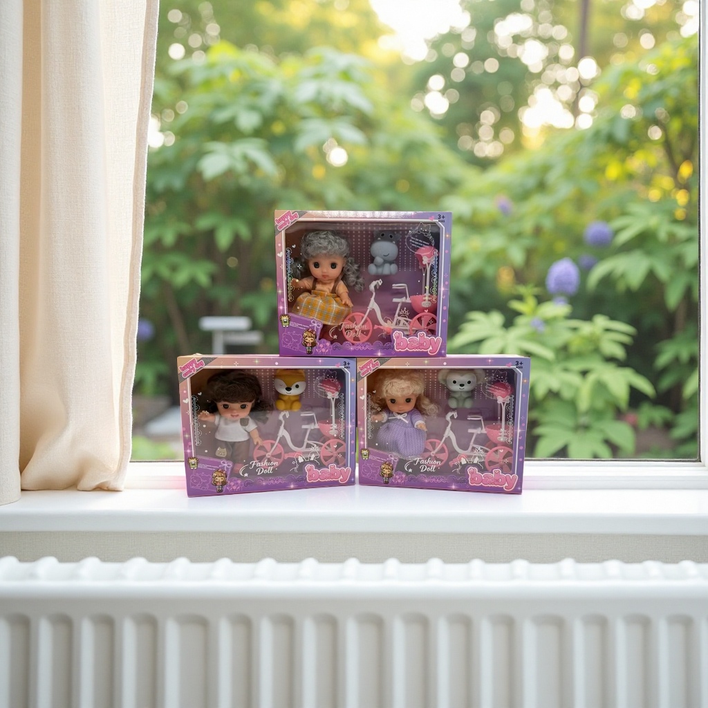6-inch vinyl cute kid set, fashionable doll toy packaging box, three-piece set, including bicycle plush toys