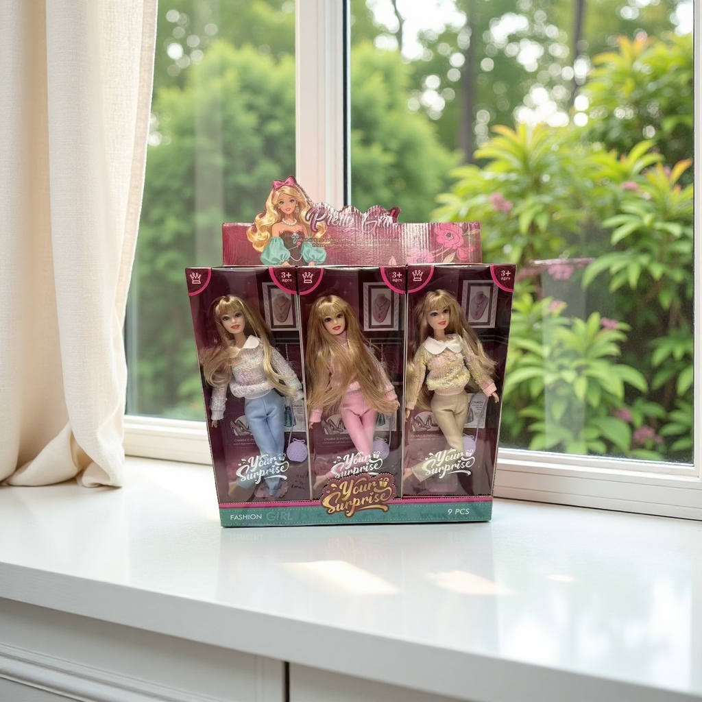 FASHION Doll toy Set Pretty Girl Purple Background Long Hair 3 styles Fashion GIRL 9 pieces