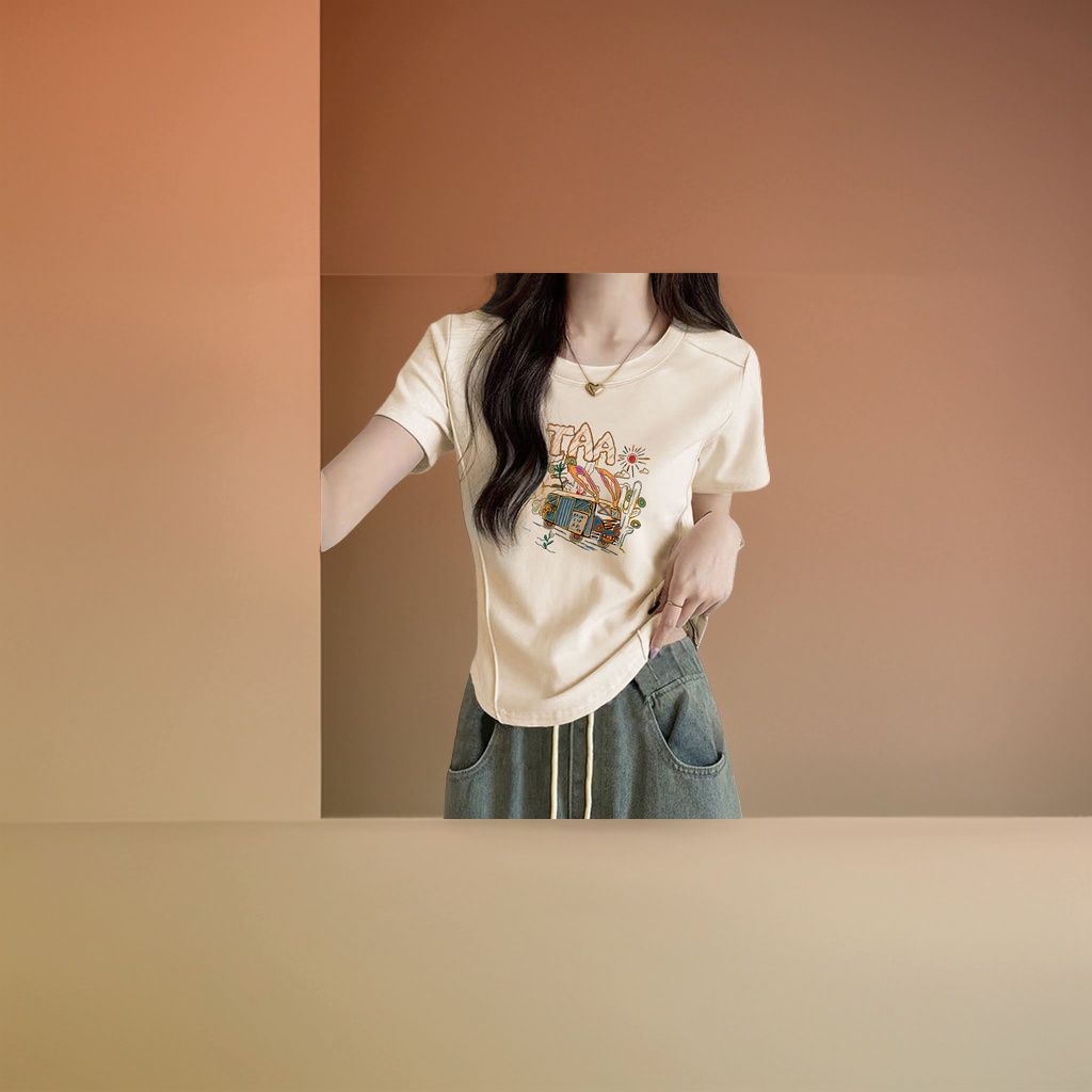 白色印花纯棉短袖T恤女同款休闲百搭修身款