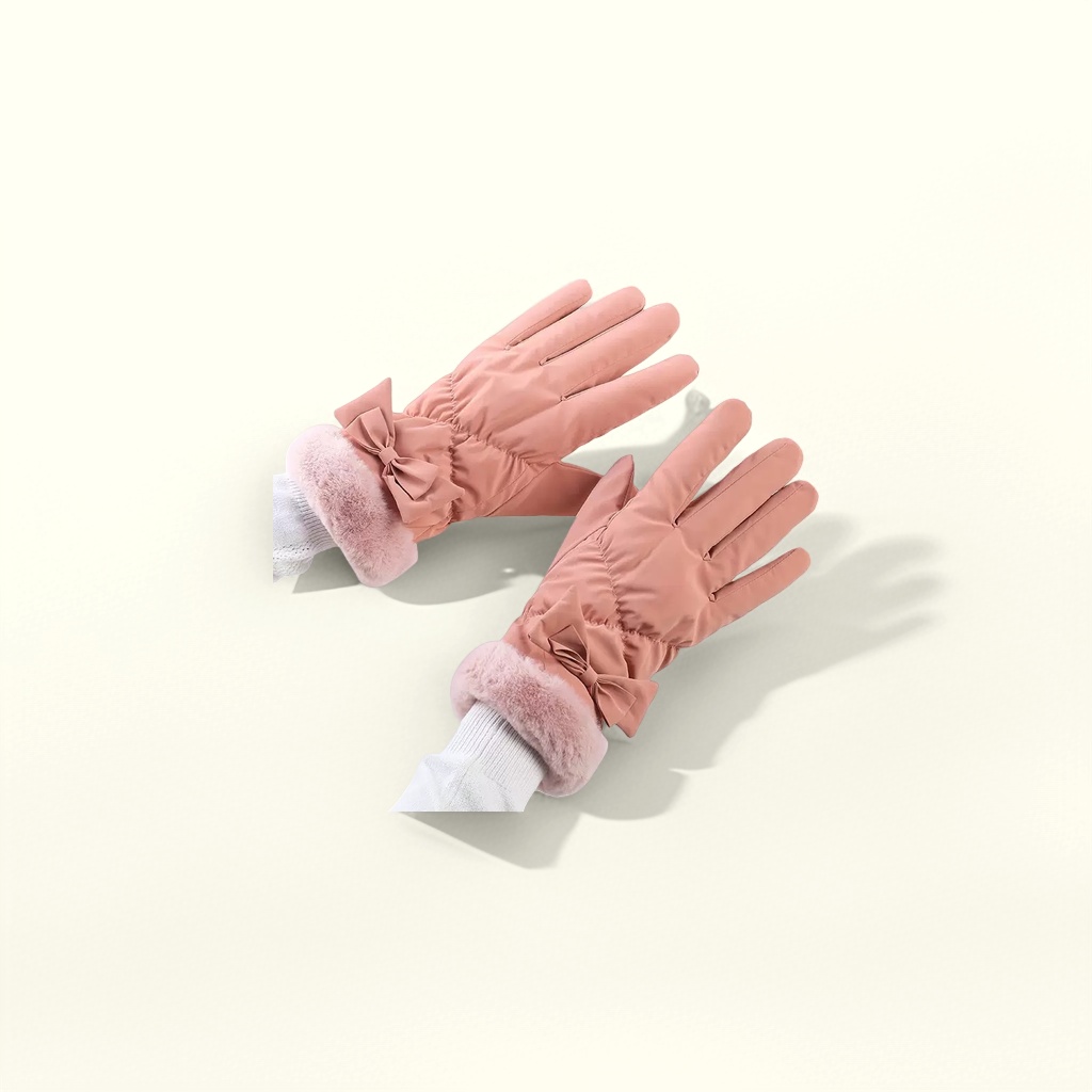 Pink bow plush gloves, thickened and warm, autumn and winter women's gloves details Picture