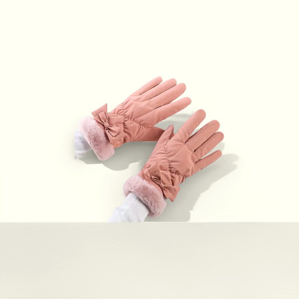 Pink bow plush gloves, thickened and warm, autumn and winter women's gloves Specification image