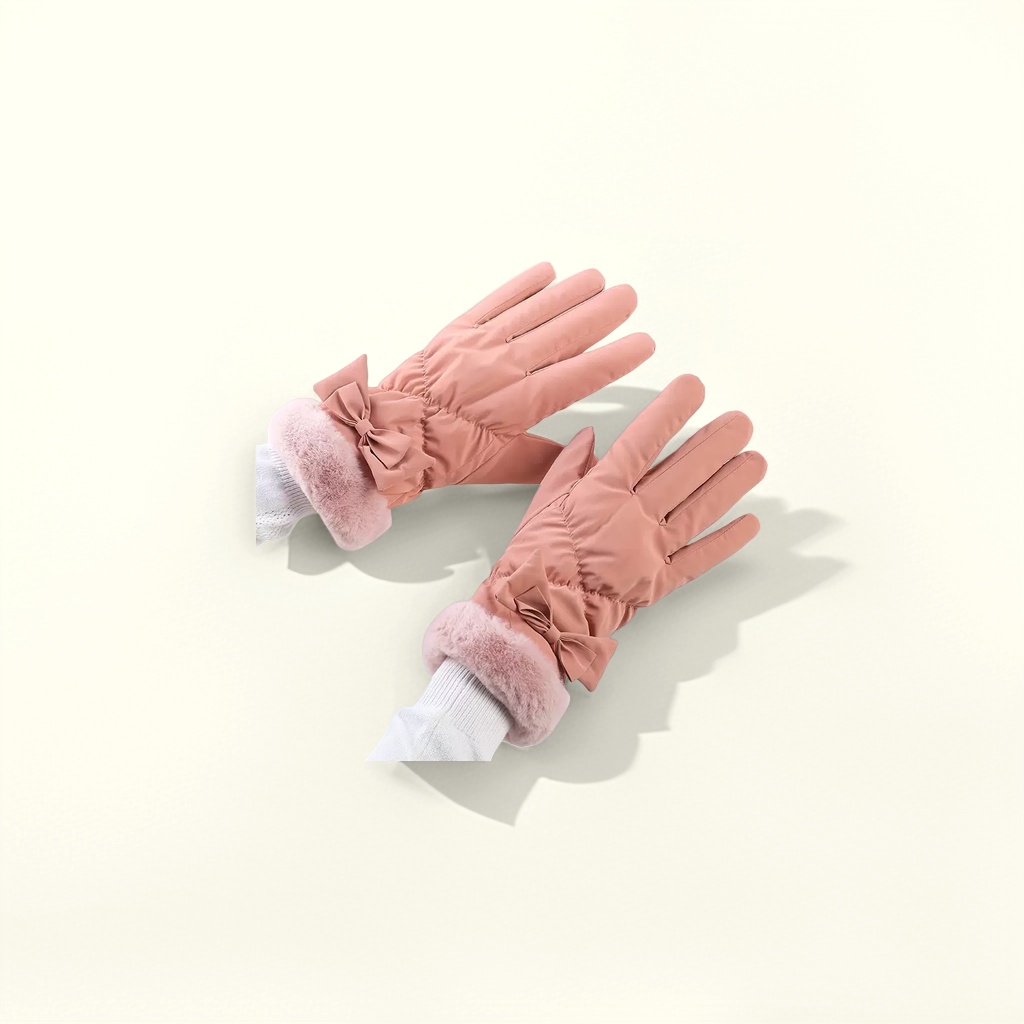 Pink bow plush gloves, thickened and warm, autumn and winter women's gloves