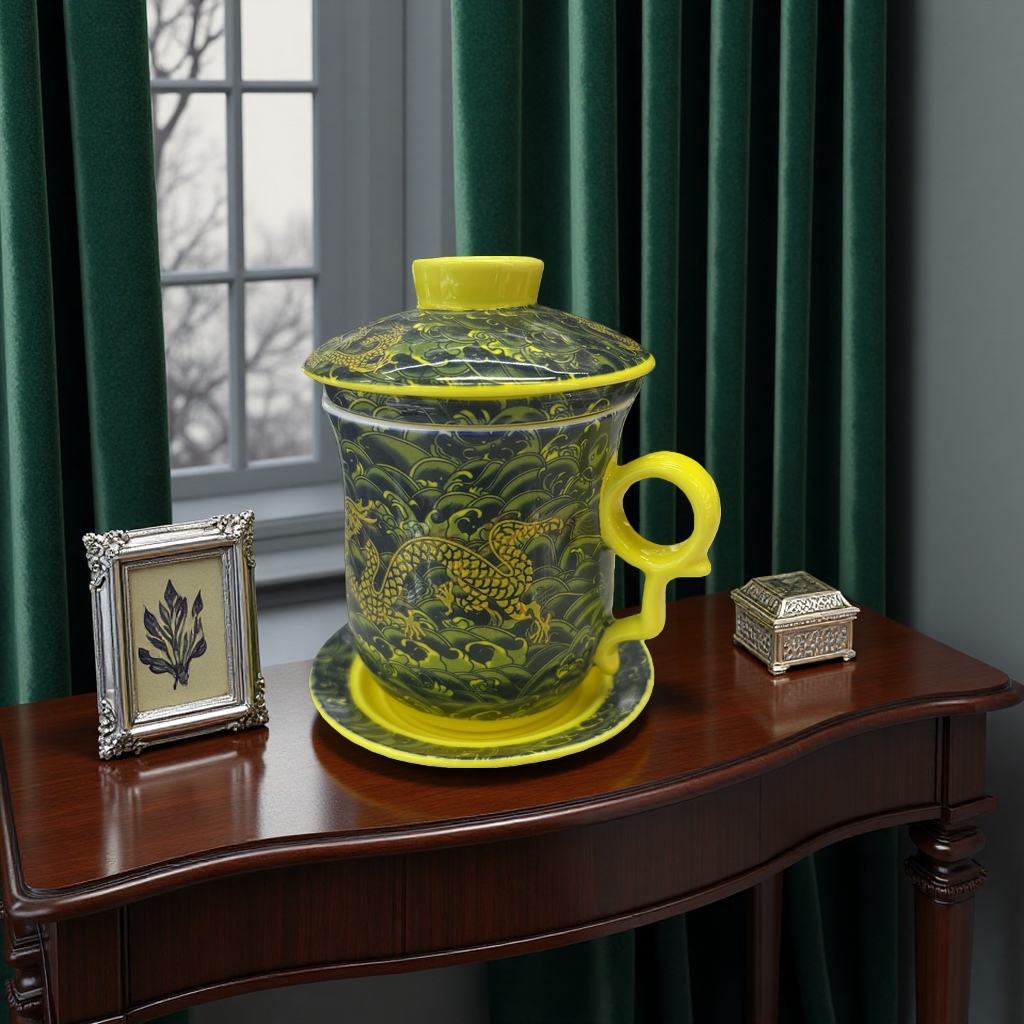 Taza de cerámica de patrón de dragón amarillo alta temperatura quemada esmalte liso casa oficina taza de té details Picture