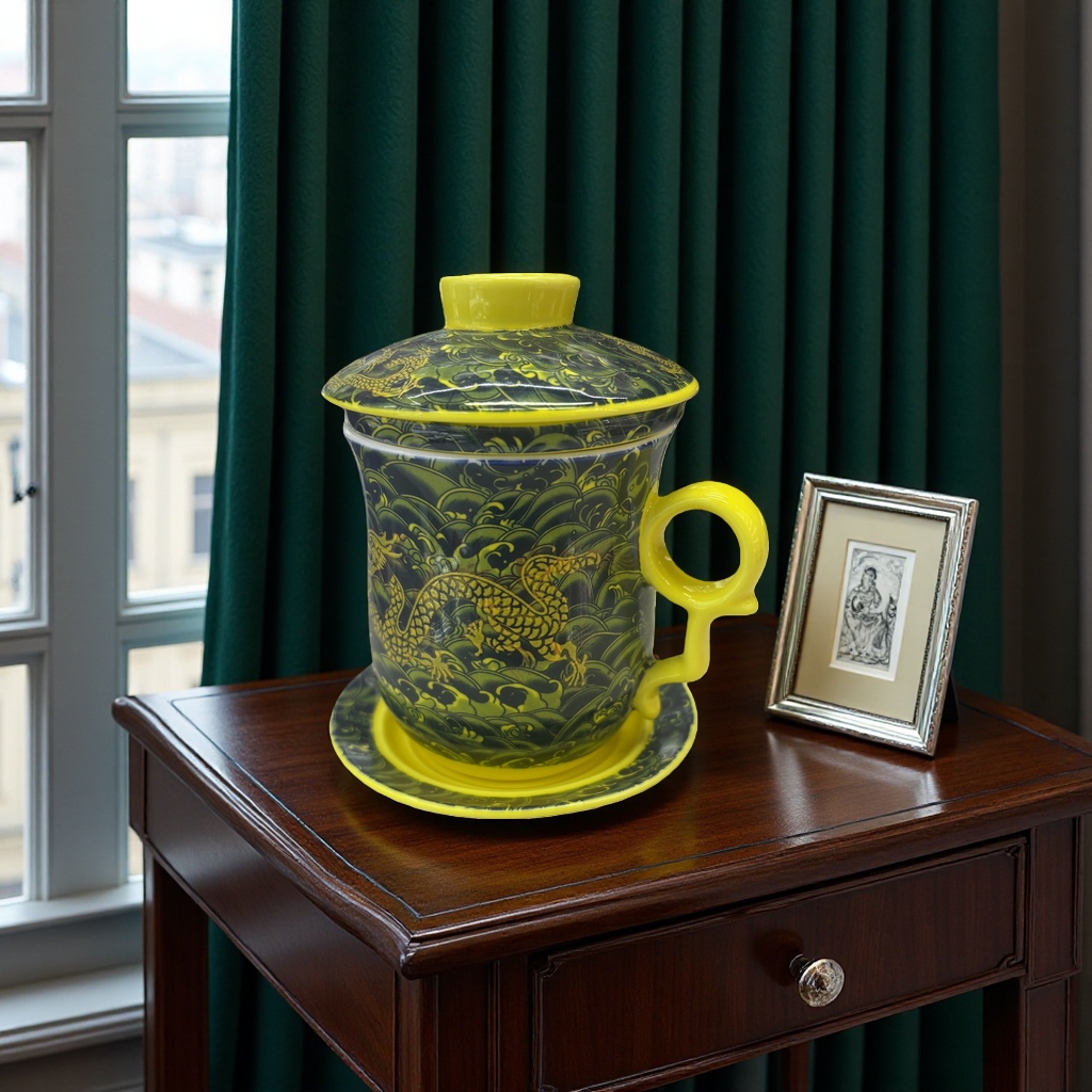 Taza de cerámica de patrón de dragón amarillo alta temperatura quemada esmalte liso casa oficina taza de té