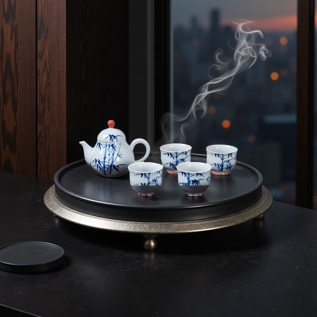 Set de té de cerámica azul y azul con patrón de bambú una tetera de seis tazas incluyendo bandeja de té