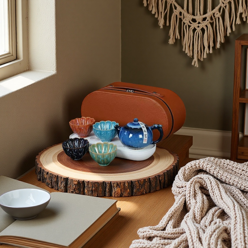 Kiln-changed Longdan tea set for travel, brown leather storage bag, white ceramic tea tray, blue kiln-changed glaze teapot, colorful kiln-changed glaze tea cups