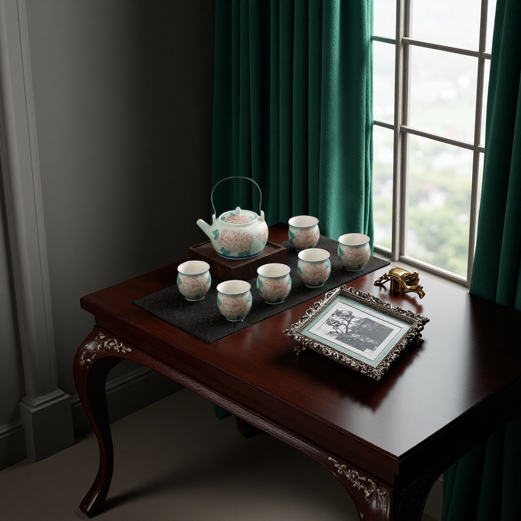 Pink peony handle teapot tea set, ceramic hand-pulled clay teapot with tea cups and tea tray Application Scenario