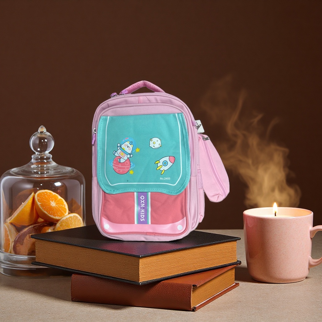 QXN-KIDS粉色儿童书包卡通宇航猫火箭星球图案 backpack