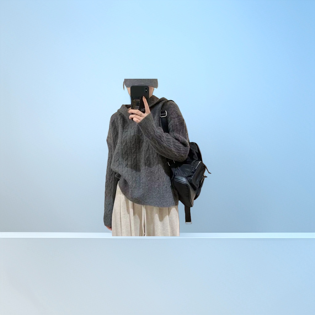 灰色连帽毛衣女秋冬款复古慵懒风上衣外套