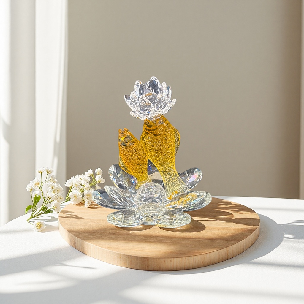 水晶鱼与莲花摆件 家居客厅装饰品 风水招财摆设水晶工艺品
