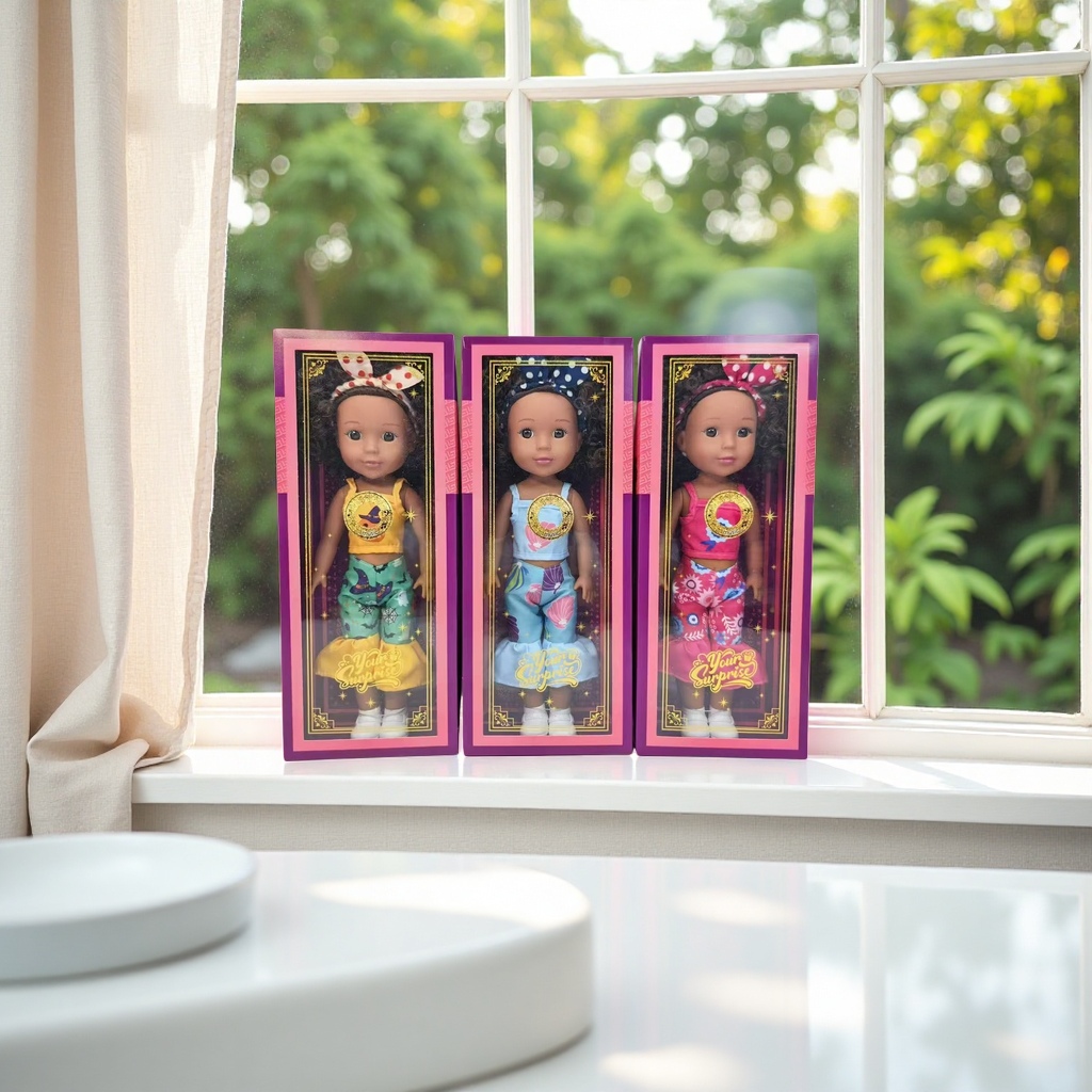 Toy doll set with three packaging boxes. Cute girl gift for dolls
