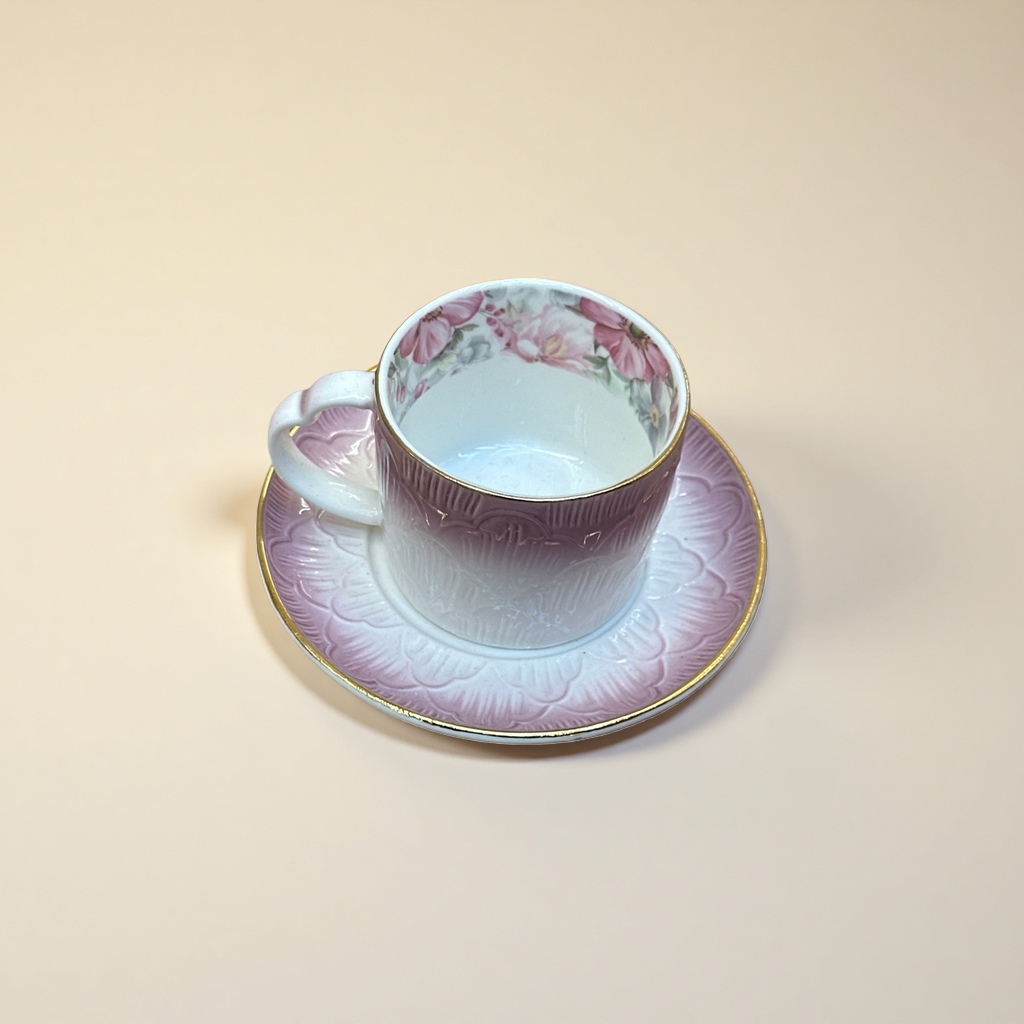 粉色花卉图案茶杯碟子套装细节图