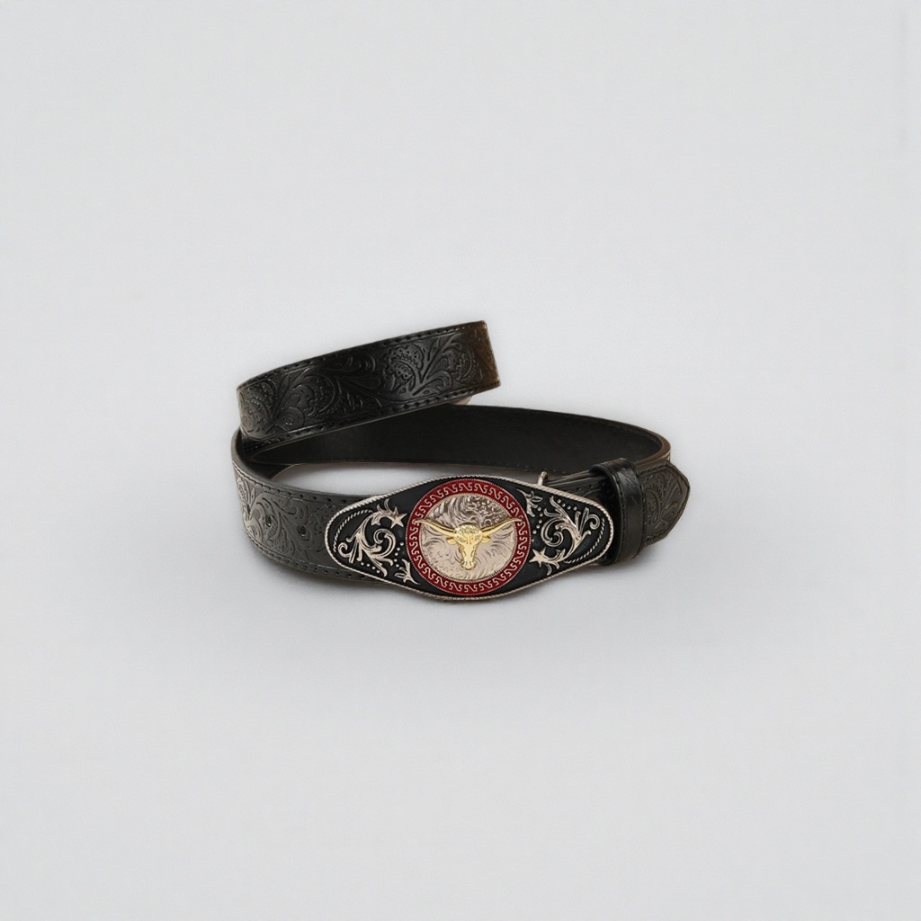 Black carved belt and silver bull head metal buckle men's belt details Picture