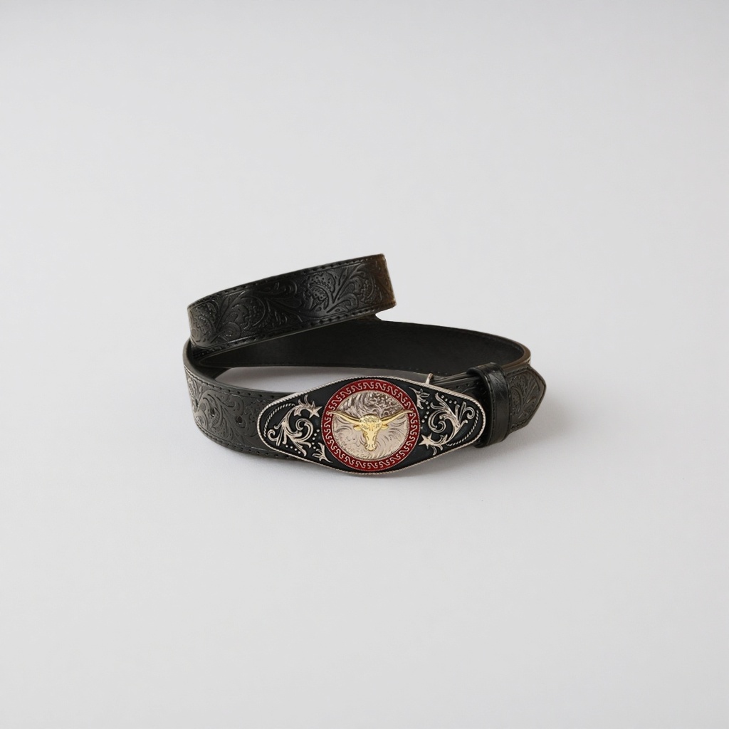 Black carved belt and silver bull head metal buckle men's belt Specification image