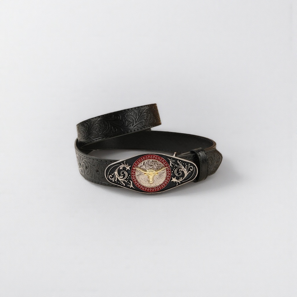Black carved belt and silver bull head metal buckle men's belt