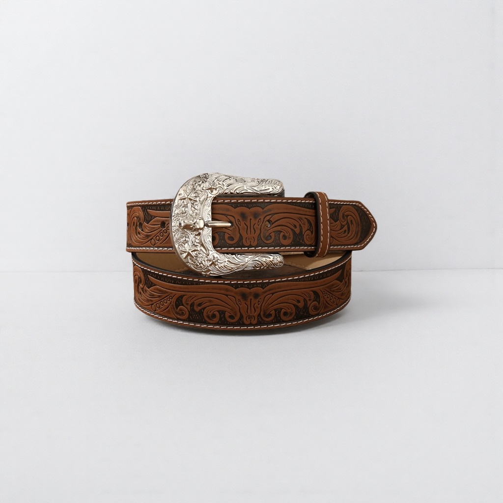 Western-style hand-sewn leather narrow belt for men