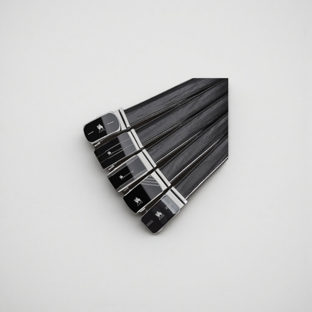Black genuine leather business and casual belt for men, 3.5cm wide, adjustable with automatic buckle details Picture
