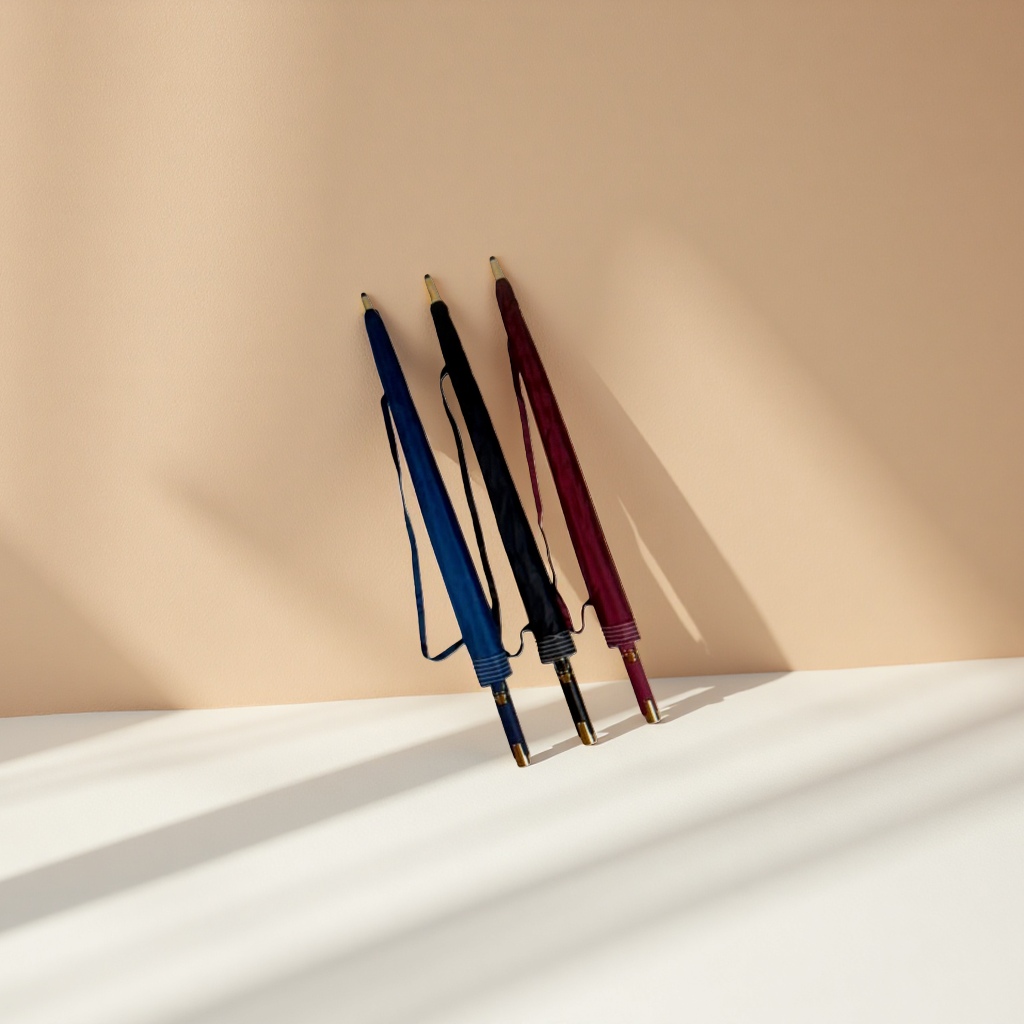 Three folding umbrellas in blue, black and wine red, portable windproof and rain gear