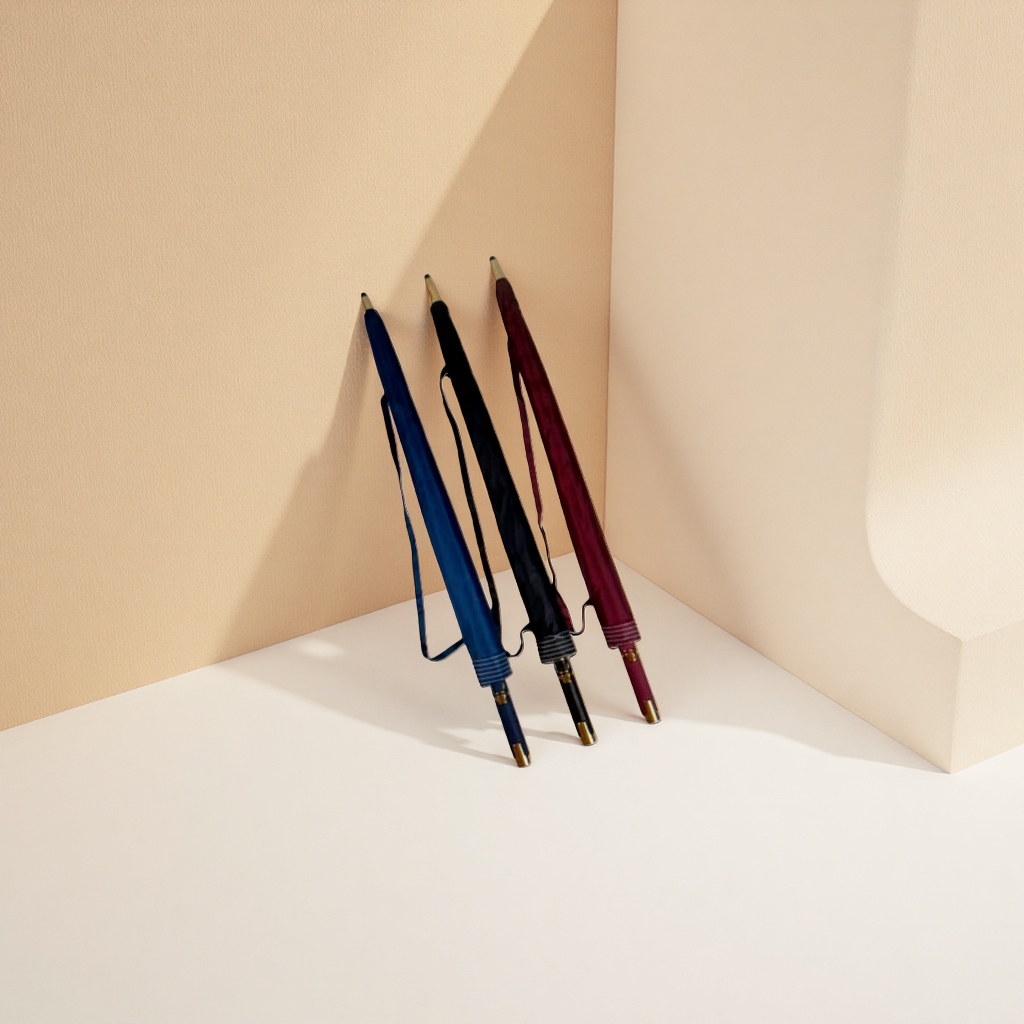 Three folding umbrellas in blue, black and wine red, portable windproof and rain gear Application Scenario