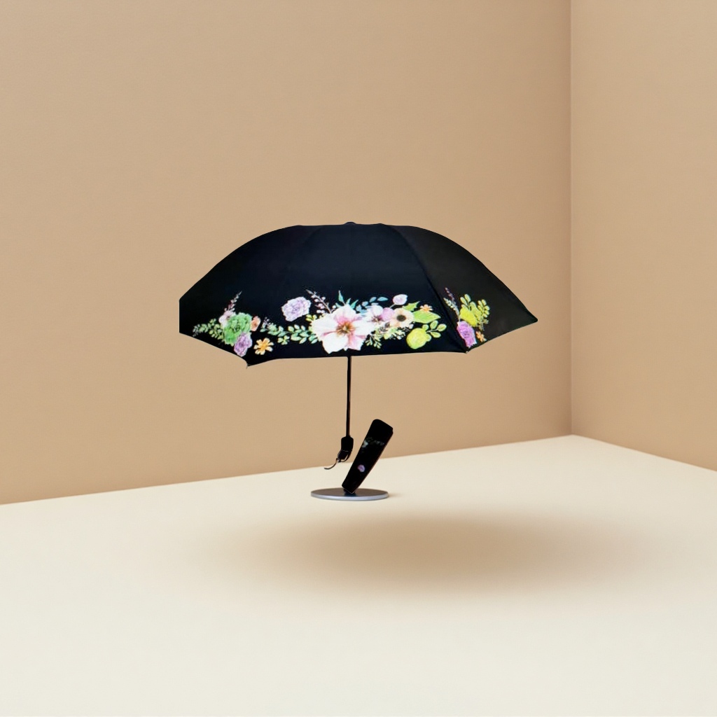 Floral pattern high-density impact-resistant fabric umbrella, three-fold portable, windproof and sun-proof details Picture