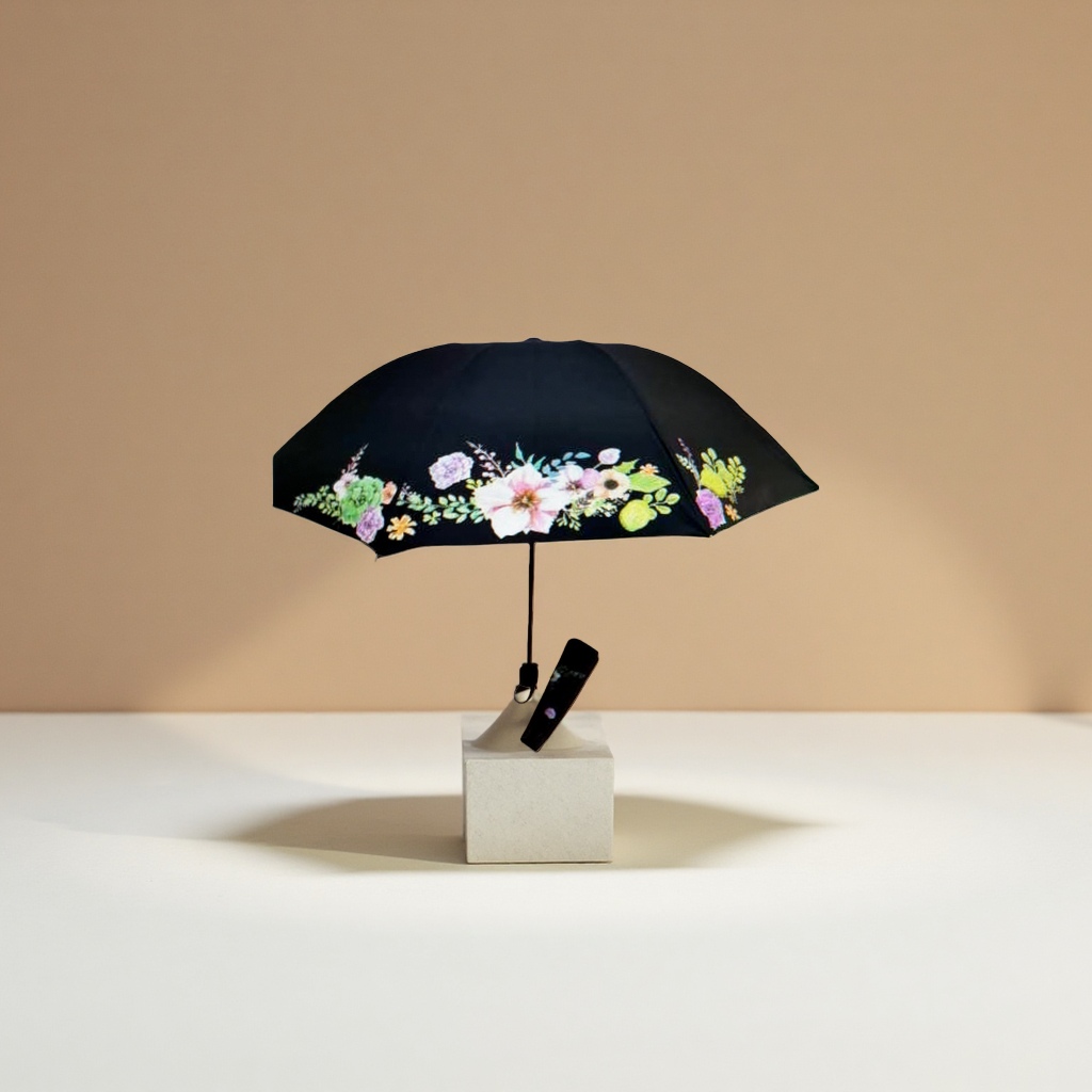 Floral pattern high-density impact-resistant fabric umbrella, three-fold portable, windproof and sun-proof
