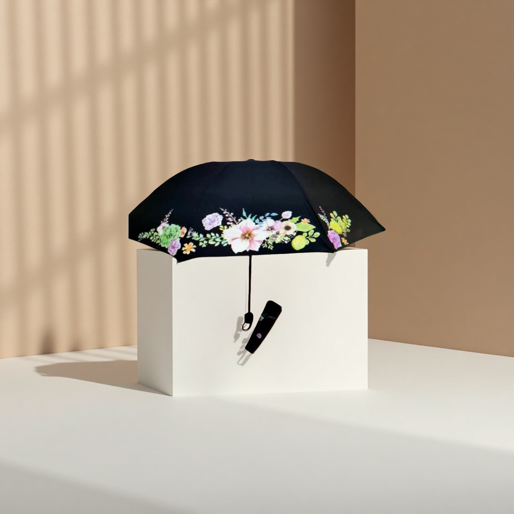 Floral pattern high-density impact-resistant fabric umbrella, three-fold portable, windproof and sun-proof Specification image