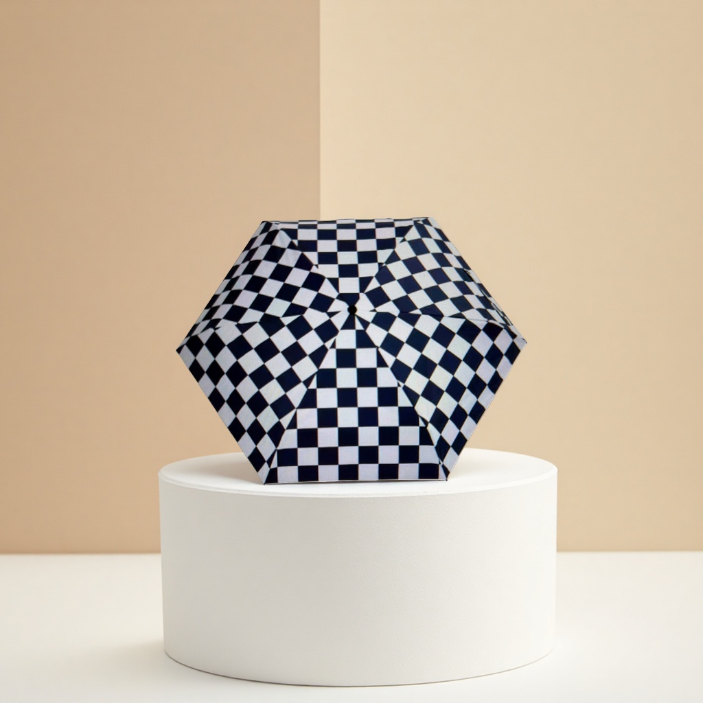 The black and white checkered pattern folding umbrella is portable and suitable for both sun protection and rain details Picture