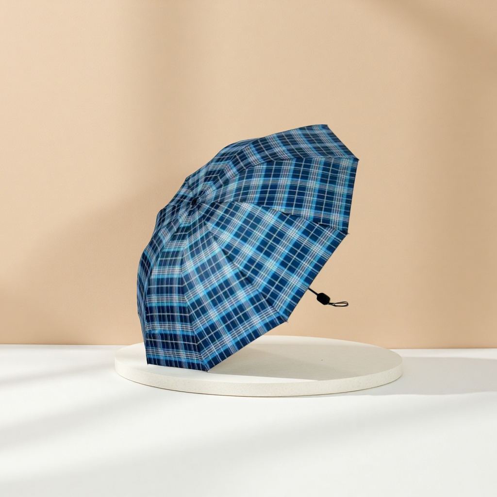 Blue checkered pattern all-weather umbrella, waterproof, sun-proof, lightweight folding umbrella