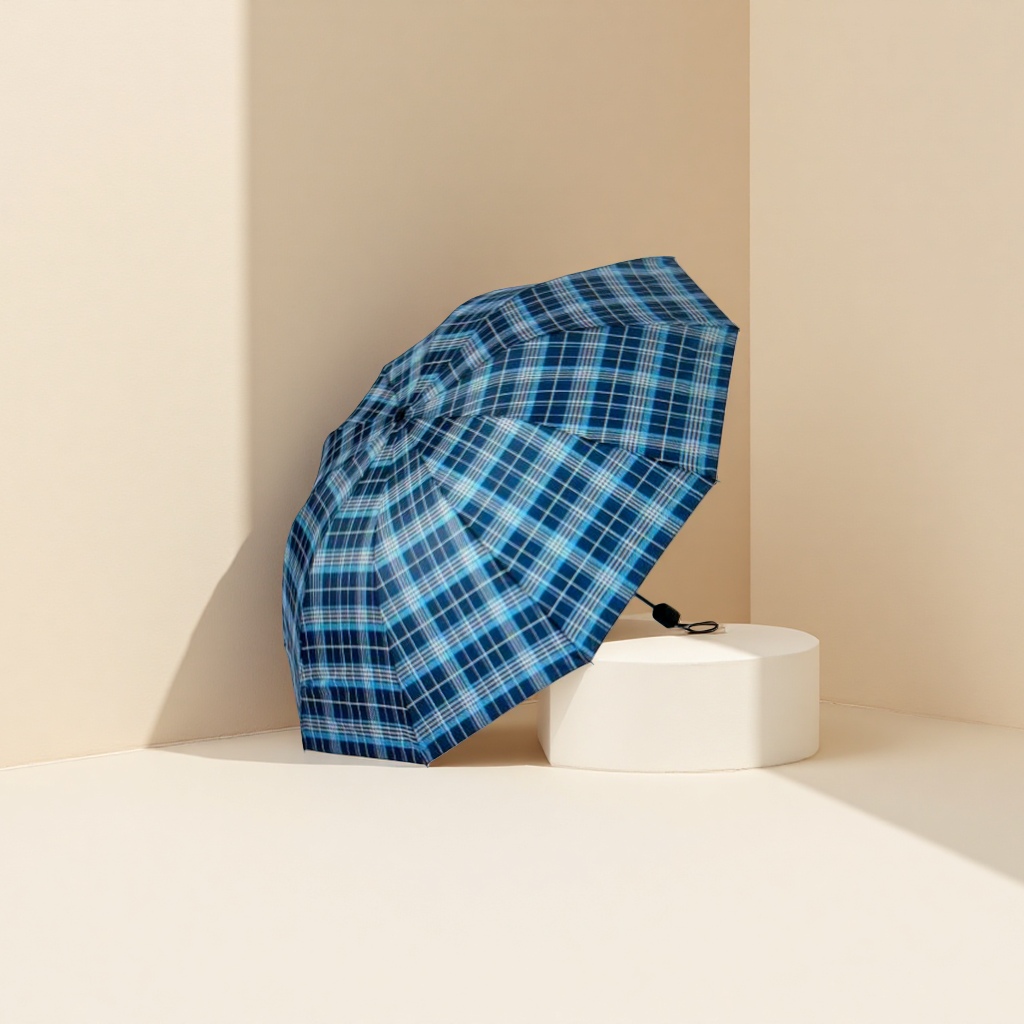 Blue checkered pattern all-weather umbrella, waterproof, sun-proof, lightweight folding umbrella details Picture
