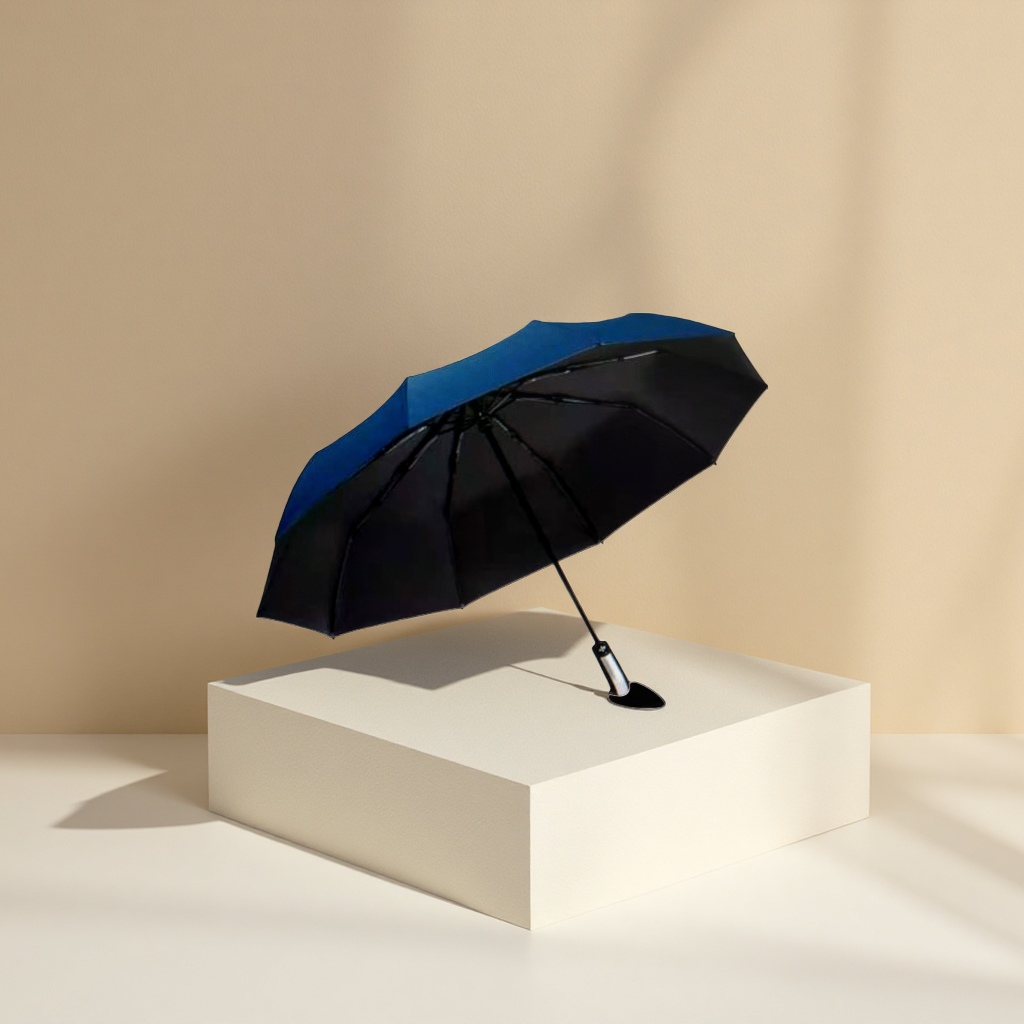 A navy blue self-opening and closing umbrella for both weather and rain, waterproof and sun-proof, portable and foldable with a long handle details Picture