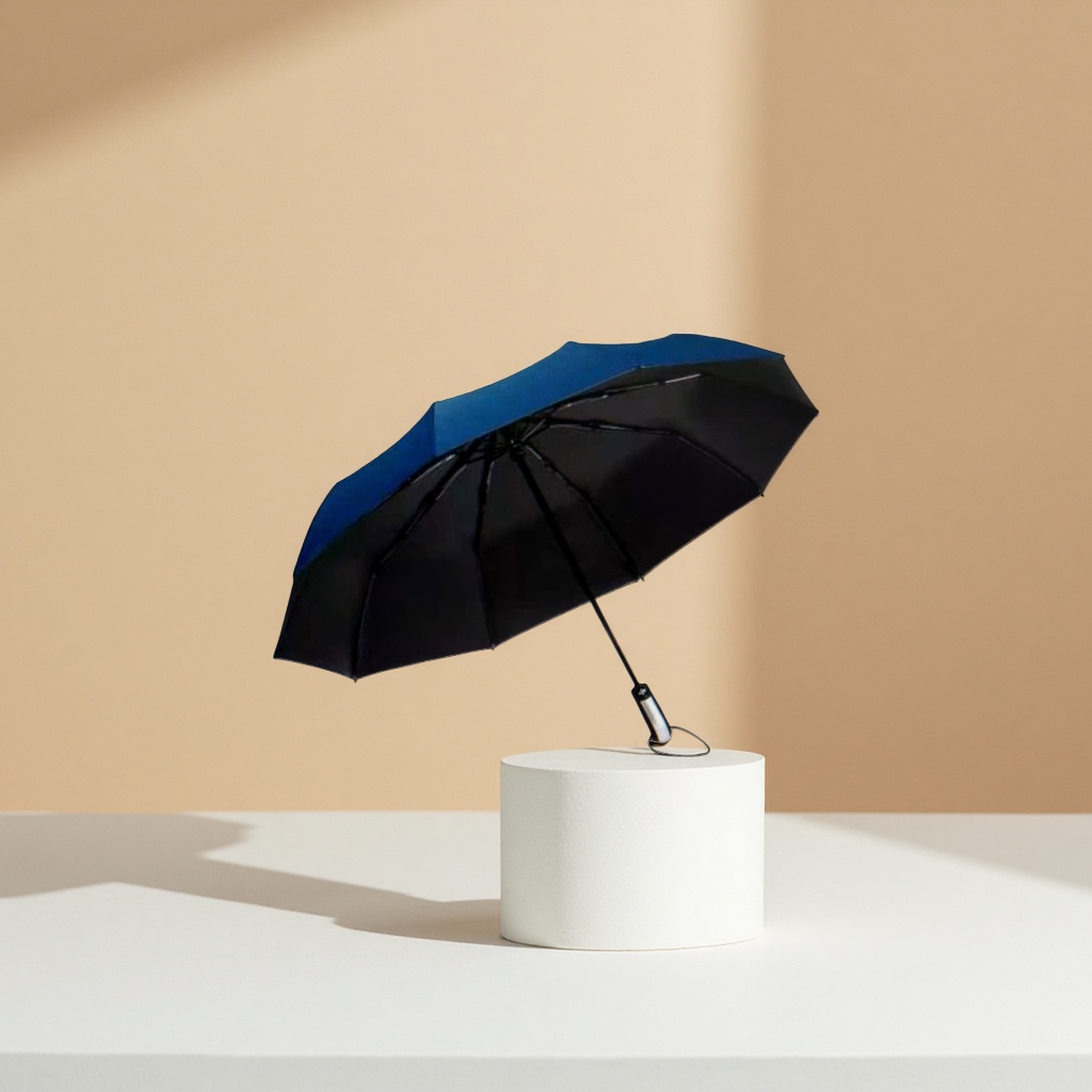 A navy blue self-opening and closing umbrella for both weather and rain, waterproof and sun-proof, portable and foldable with a long handle Application Scenario